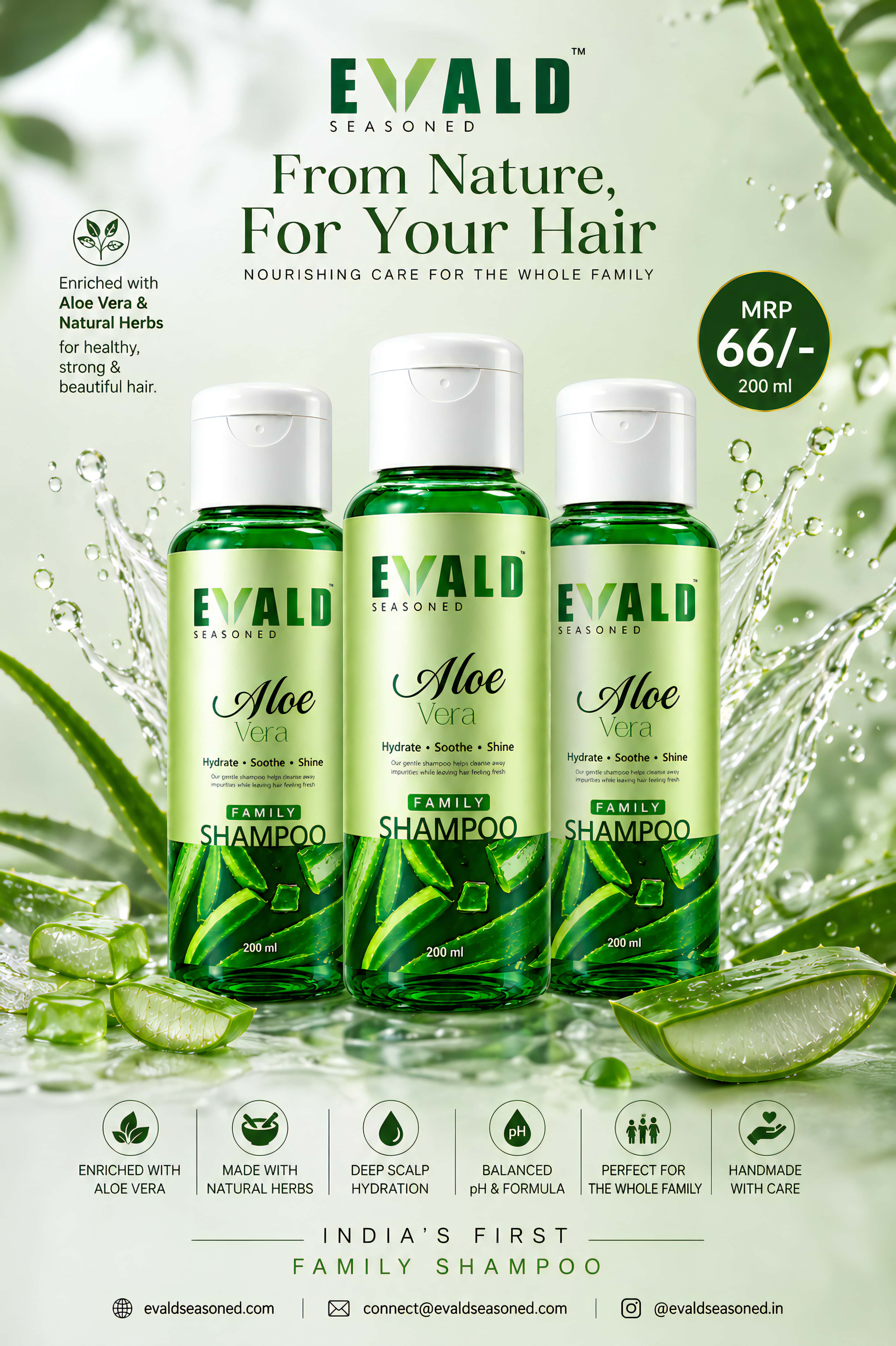 Three EVALD Seasoned Aloe Vera Shampoo bottles side by side
